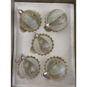 European Craftsmen Hand Decorated Christmas Ornaments 5 Piece Sparkling Cream ~